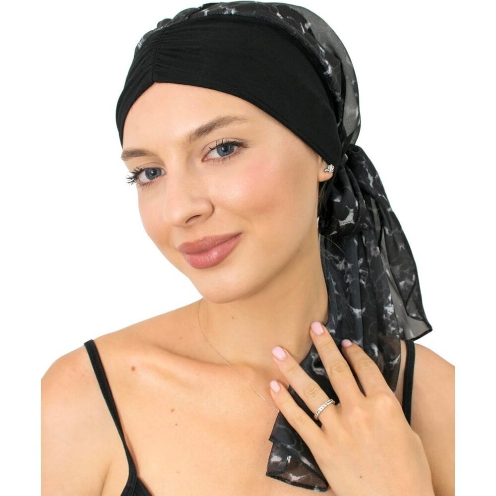 Women’s  Black Subtle White Scarf Skull Cap Chemo Headwear Hair Loss Turban